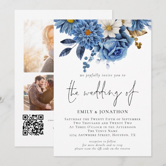 Modern Navy Blue Florals 3 Photos Wedding Invitation (Front/Back)
