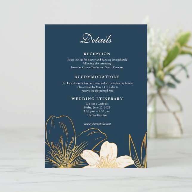 Modern Navy Blue Flower Wedding Enclosure cards (Standing Front)