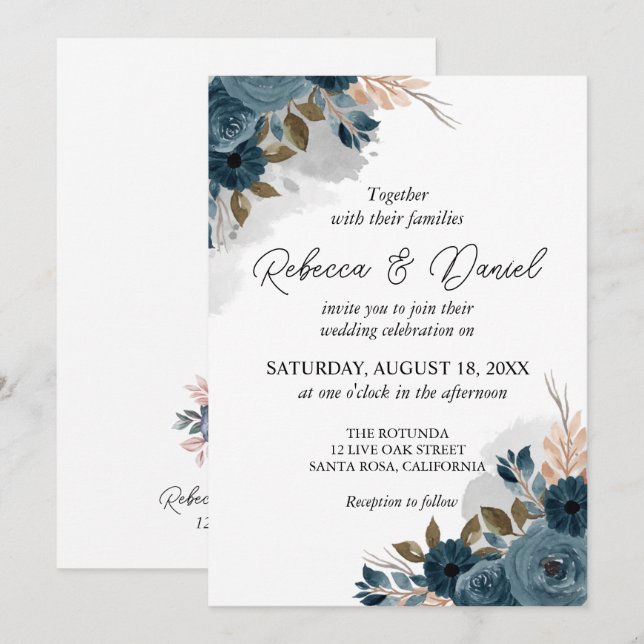 Modern navy blue flowers wedding invitation (Front/Back)