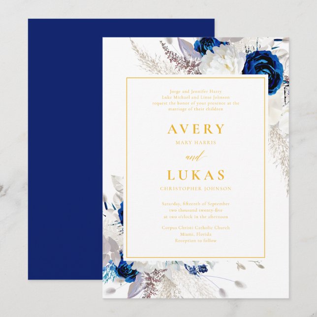 Modern Navy Blue Flowers & Yellow Wedding Invitation (Front/Back)