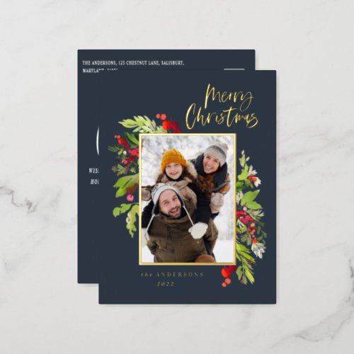 Modern navy blue foliage elegant photo Christmas Foil Holiday Postcard