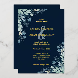 Modern Navy Blue Foliage Gold Calligraphy Foil Invitation