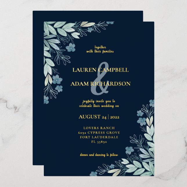 Modern Navy Blue Foliage Gold Calligraphy Foil Invitation (Front/Back)