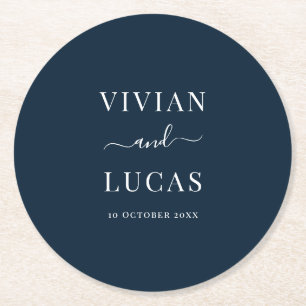 Modern Navy Blue Formal Minimal Wedding Round Paper Coaster
