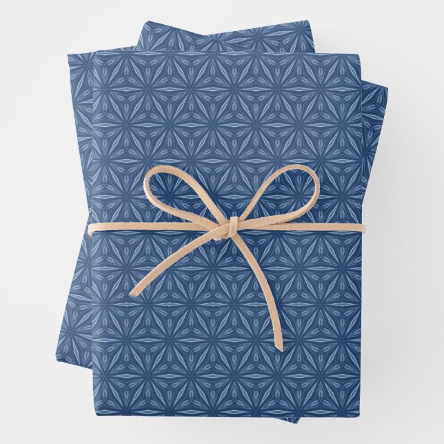Modern Navy Blue Geometric Flower Pattern Wrapping Paper Sheets (In situ)