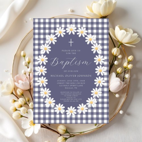 Modern Navy Blue Gingham Floral Baptism Invitation