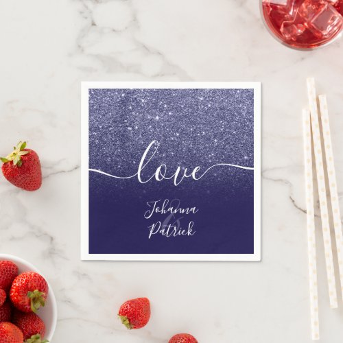 Modern navy blue glitter chic font love wedding napkins