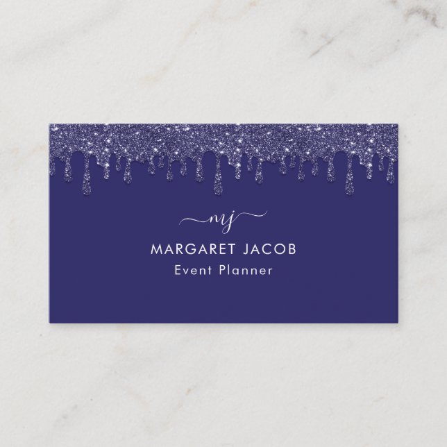 Modern Navy Blue Glitter Drip Custom Business Card (Front)