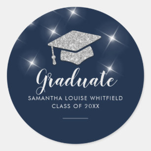 Modern Navy Blue Glitter Silver Cap Graduation Classic Round Sticker