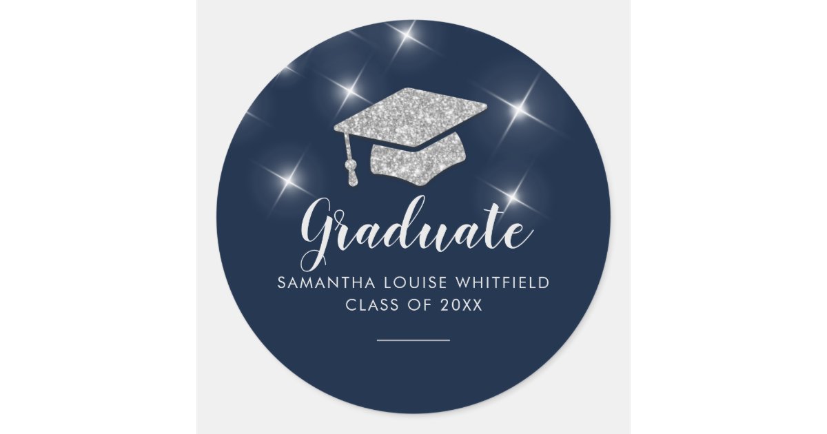 Modern Navy Blue Glitter Silver Cap Graduation Classic Round Sticker ...