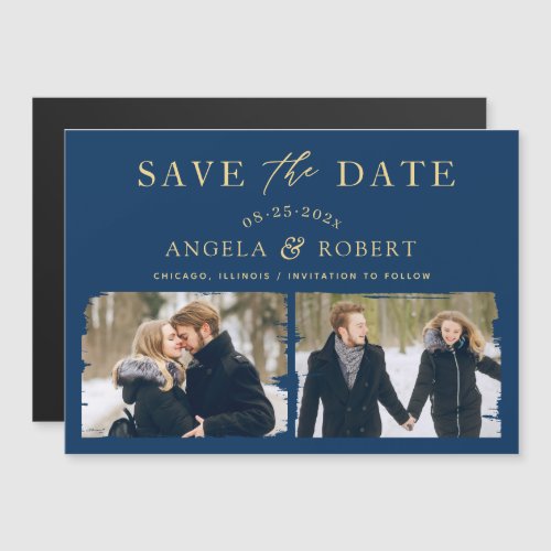Modern Navy Blue Gold 2 Photo Save the Date Magnet - Modern Navy Blue Gold Brush Stroke 2 Photo Save the Date Magnetic Card