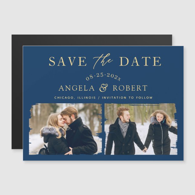 Modern Navy Blue Gold 2 Photo Save the Date Magnet (Front/Back)