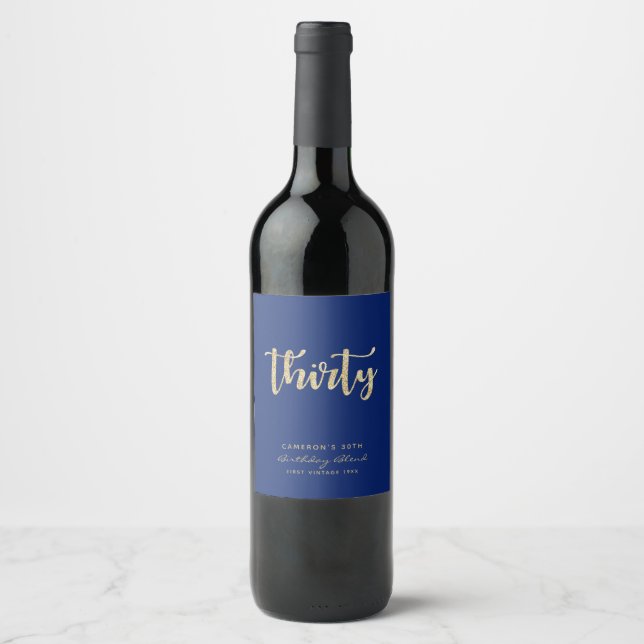 Modern Navy Blue & Gold 30th Birthday Personalized Wine Label (Front)