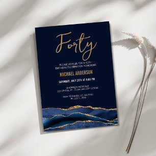 Modern Navy Blue Gold Agate 40th Birthday Party  Invitation