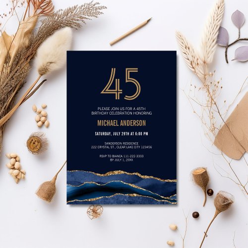 Modern Navy Blue Gold Agate 45th Birthday Party  Invitation