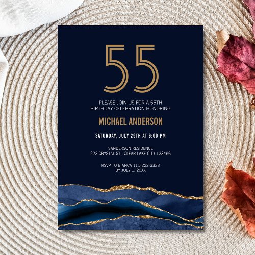 Modern Navy Blue Gold Agate 55th Birthday Party  Invitation