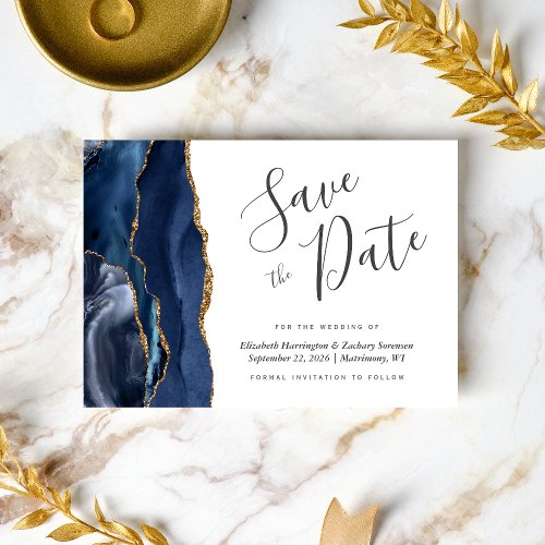 Modern Navy Blue Gold Agate 5_Photo Save the Date Invitation