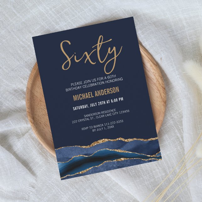 Modern Navy Blue Gold Agate 60th Birthday Party  Invitation (Creator Uploaded)