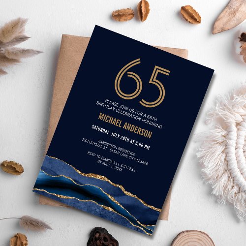 Modern Navy Blue Gold Agate 65th Birthday Party  Invitation