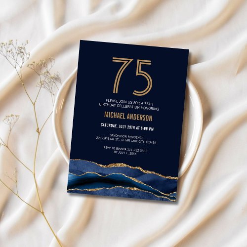 Modern Navy Blue Gold Agate 75th Birthday Party  Invitation