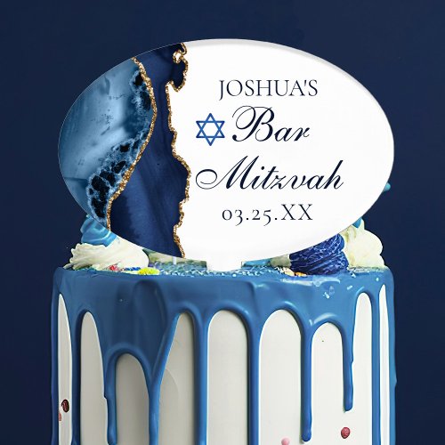 Modern Navy Blue Gold Agate Bar Mitzvah Party Cake Topper
