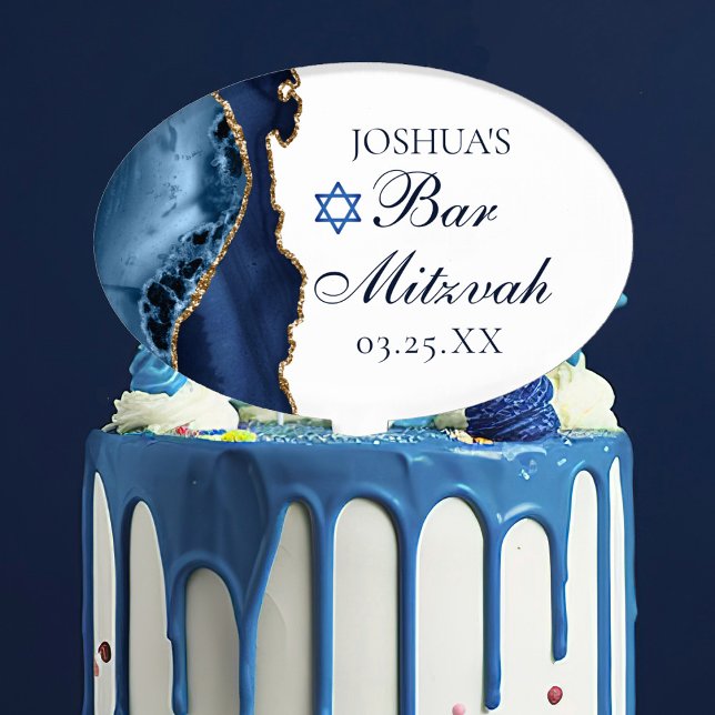 Modern Navy Blue Gold Agate Bar Mitzvah Party Cake Topper (Creator Uploaded)