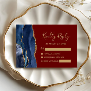 Modern Navy Blue Gold Agate Burgundy Wedding RSVP Card