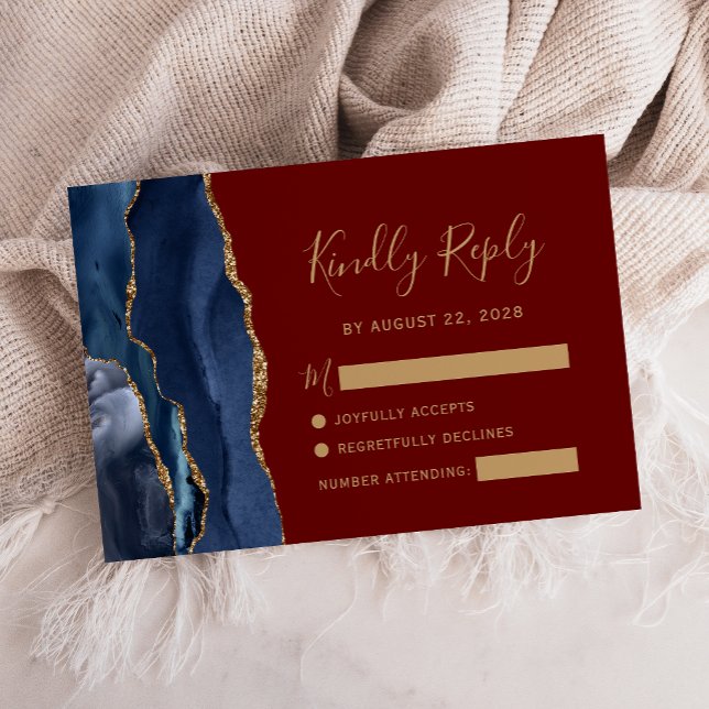 Modern Navy Blue Gold Agate Burgundy Wedding RSVP Card (Creator Uploaded)