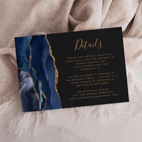 Modern Navy Blue Gold Agate Dark Wedding Details Enclosure Card