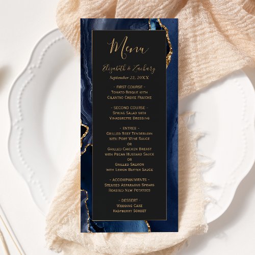 Modern Navy Blue Gold Agate Dark Wedding Menu