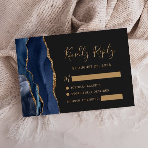 Modern Navy Blue Gold Agate Dark Wedding RSVP Card