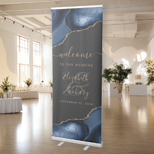Modern Navy Blue Gold Agate Dark Wedding Welcome Retractable Banner