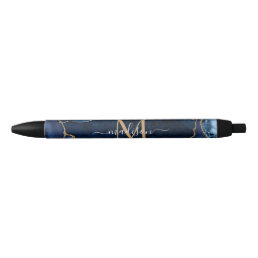 Modern Navy Blue Gold Agate Geode Chic Monogram Black Ink Pen