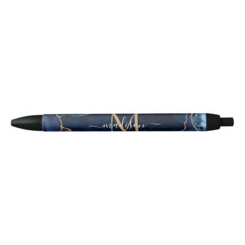 Modern Navy Blue Gold Agate Geode Chic Monogram Black Ink Pen