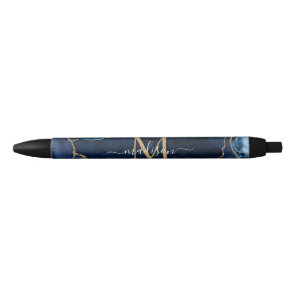 Modern Navy Blue Gold Agate Geode Chic Monogram Pen