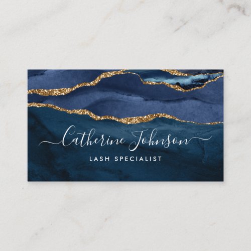 Modern Navy Blue Gold Agate Geode Elegant Script Business Card