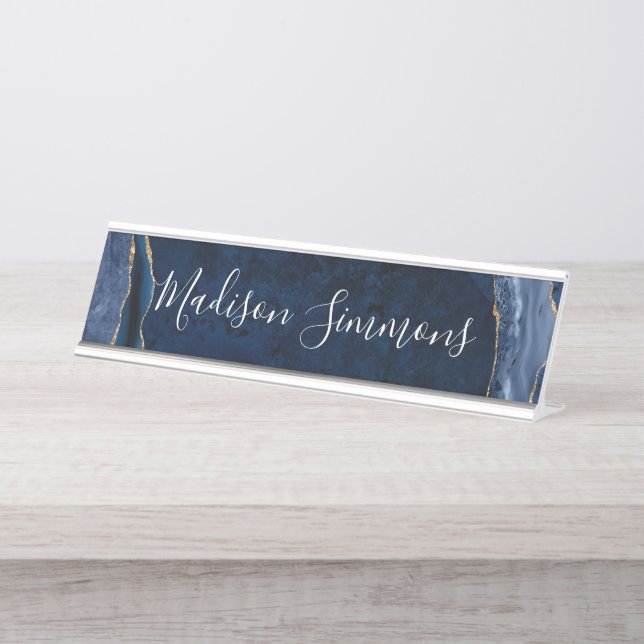 Modern Navy Blue Gold Agate Geode Feminine Script  Desk Name Plate (Front)