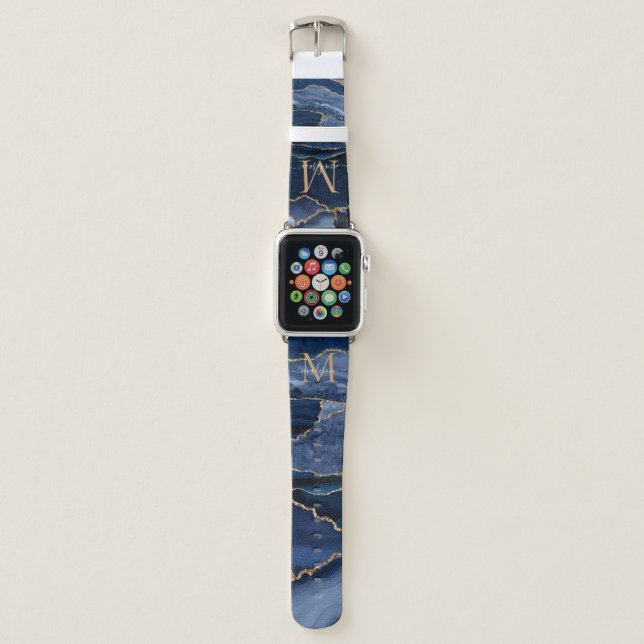Modern Navy Blue Gold Agate Geode Girly Monogram Apple Watch Band (Front)