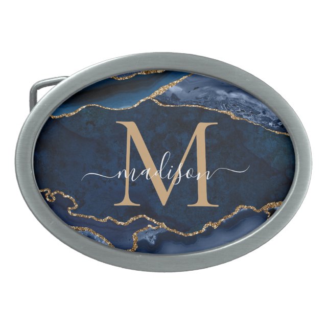 Modern Navy Blue Gold Agate Geode Girly Monogram Belt Buckle (Front)
