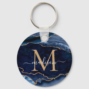 Modern Navy Blue Gold Agate Geode Girly Monogram Keychain