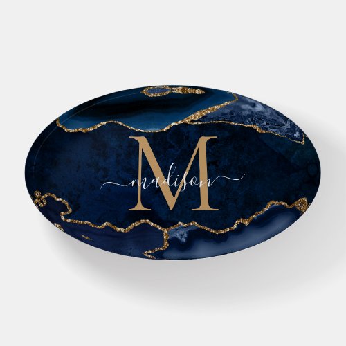 Modern Navy Blue Gold Agate Geode Girly Monogram Paperweight