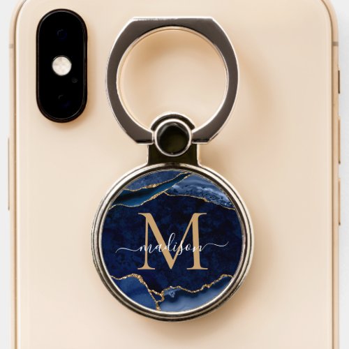 Modern Navy Blue Gold Agate Geode Girly Monogram Phone Ring Stand