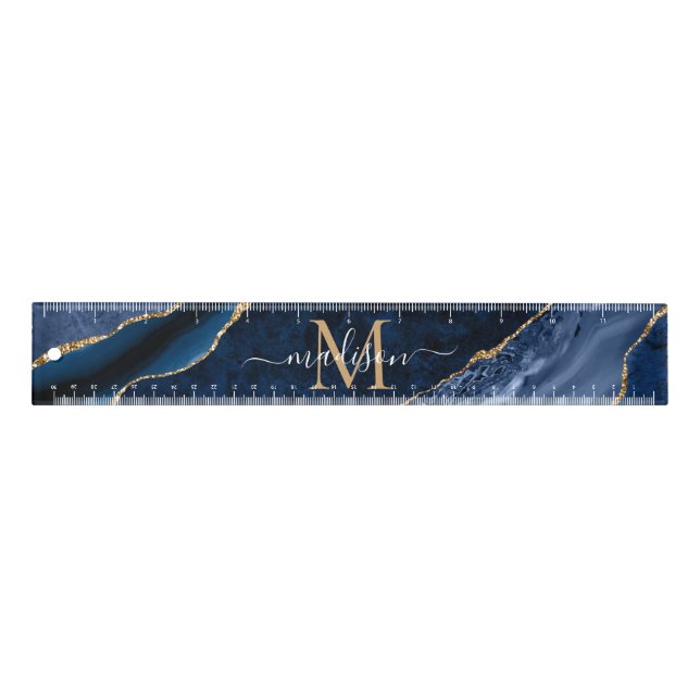 Modern Navy Blue Gold Agate Geode Girly Monogram Ruler (Front)