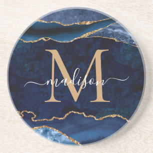 Modern Navy Blue Gold Agate Geode Glitter Monogram Coaster
