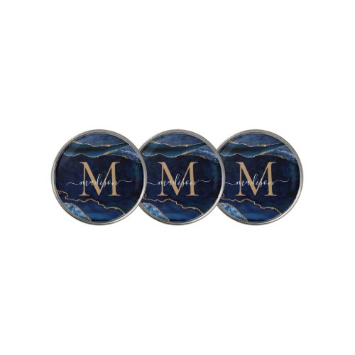 Modern Navy Blue Gold Agate Geode Glitter Monogram Golf Ball Marker