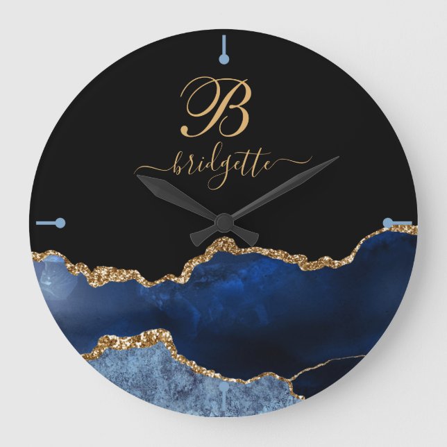 Modern Navy Blue Gold Agate Geode Monogram Large C Large Clock (Front)