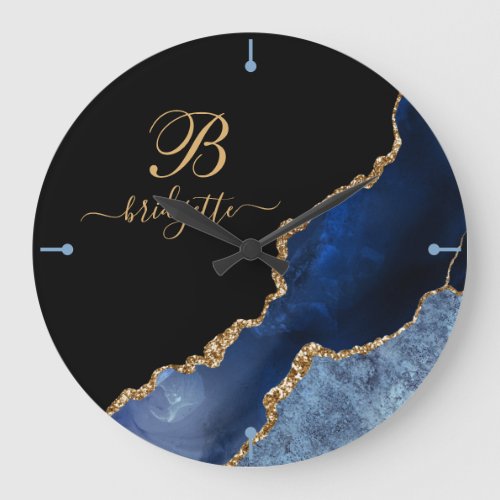 Modern Navy Blue Gold Agate Geode Monogram Large Clock