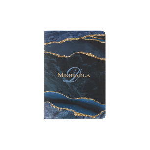 Modern Navy Blue Gold Agate Geode Monogram Passport Holder