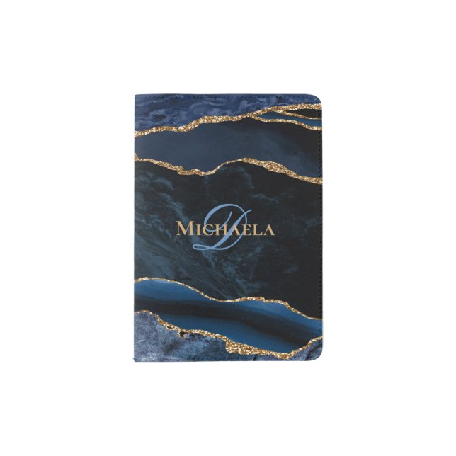 Modern Navy Blue Gold Agate Geode Monogram Passport Holder (Front)