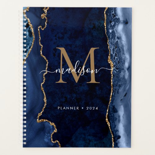 Modern Navy Blue Gold Agate Geode Monogram Script  Planner